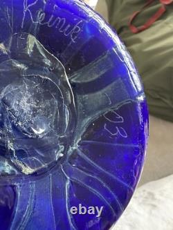 VTG HUGE COBALT BLUE 2003 Signed JOSEPH REINIK ART GLASS VASE CROCODILE TEXTURE
