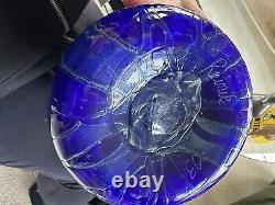 VTG HUGE COBALT BLUE 2003 Signed JOSEPH REINIK ART GLASS VASE CROCODILE TEXTURE