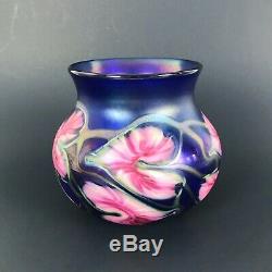 VTG John Lotton Glass Vase Multi Flora Cobalt Blue Pink Flowers Vines Signed
