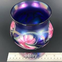 VTG John Lotton Glass Vase Multi Flora Cobalt Blue Pink Flowers Vines Signed
