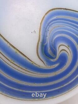 VTG MARK PEISER Opal Glass with Blue Hooked Feather Design Vase SIGNED