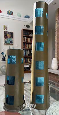 VTG MCM Style Caged Teal Blue Glass & Metal Brutalist Vase & Candle Holder FAB