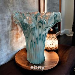 VTG Murano Italian Art Glass Ruffle Top Vase Teal Blue White Glitter 11 Tall