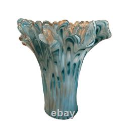 VTG Murano Italian Art Glass Ruffle Top Vase Teal Blue White Glitter 11 Tall