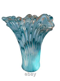 VTG Murano Italian Art Glass Ruffle Top Vase Teal Blue White Glitter 11 Tall