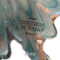 VTG Murano Italian Art Glass Ruffle Top Vase Teal Blue White Glitter 11 Tall