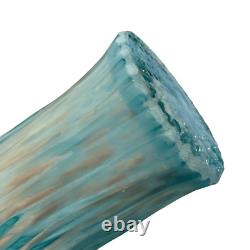 VTG Murano Italian Art Glass Ruffle Top Vase Teal Blue White Glitter 11 Tall