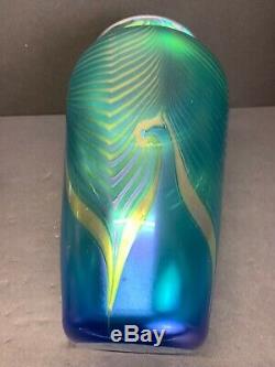 VTG STEVEN CORREIA Pulled Feather Iridescent Vase 1991 Art Glass Signed 10 Tall