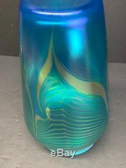 VTG STEVEN CORREIA Pulled Feather Iridescent Vase 1991 Art Glass Signed 10 Tall