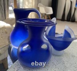 VTG Scandinavian Cobalt Blue Satin Handmade Art Glass Heavy Set Of 3 Vases MCM