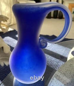 VTG Scandinavian Cobalt Blue Satin Handmade Art Glass Heavy Set Of 3 Vases MCM