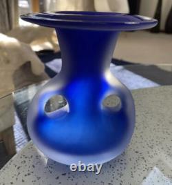 VTG Scandinavian Cobalt Blue Satin Handmade Art Glass Heavy Set Of 3 Vases MCM