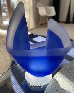 VTG Scandinavian Cobalt Blue Satin Handmade Art Glass Heavy Set Of 3 Vases MCM