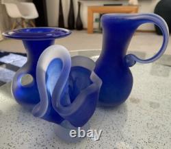 VTG Scandinavian Cobalt Blue Satin Handmade Art Glass Heavy Set Of 3 Vases MCM