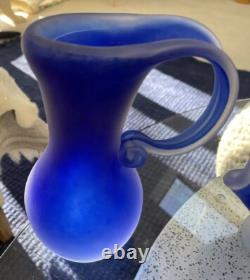 VTG Scandinavian Cobalt Blue Satin Handmade Art Glass Heavy Set Of 3 Vases MCM