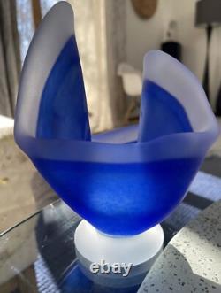 VTG Scandinavian Cobalt Blue Satin Handmade Art Glass Heavy Set Of 3 Vases MCM