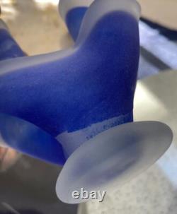 VTG Scandinavian Cobalt Blue Satin Handmade Art Glass Heavy Set Of 3 Vases MCM