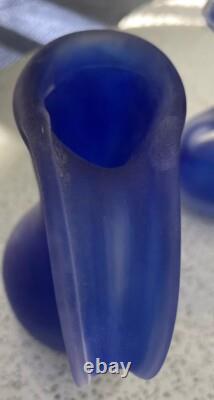 VTG Scandinavian Cobalt Blue Satin Handmade Art Glass Heavy Set Of 3 Vases MCM