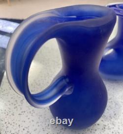 VTG Scandinavian Cobalt Blue Satin Handmade Art Glass Heavy Set Of 3 Vases MCM