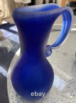 VTG Scandinavian Cobalt Blue Satin Handmade Art Glass Heavy Set Of 3 Vases MCM