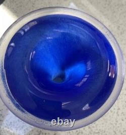 VTG Scandinavian Cobalt Blue Satin Handmade Art Glass Heavy Set Of 3 Vases MCM