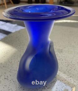 VTG Scandinavian Cobalt Blue Satin Handmade Art Glass Heavy Set Of 3 Vases MCM