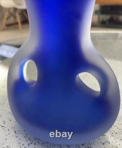VTG Scandinavian Cobalt Blue Satin Handmade Art Glass Heavy Set Of 3 Vases MCM
