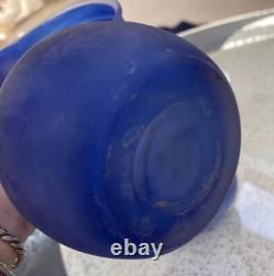 VTG Scandinavian Cobalt Blue Satin Handmade Art Glass Heavy Set Of 3 Vases MCM