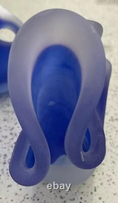 VTG Scandinavian Cobalt Blue Satin Handmade Art Glass Heavy Set Of 3 Vases MCM