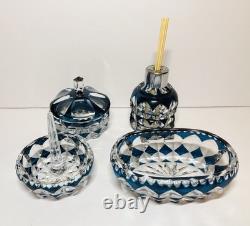 VTG Teal Blue Art Deco Crystal Set Cut To Clear Diffuser Bowl Ring Jar Glass