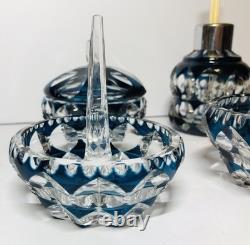 VTG Teal Blue Art Deco Crystal Set Cut To Clear Diffuser Bowl Ring Jar Glass