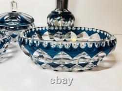 VTG Teal Blue Art Deco Crystal Set Cut To Clear Diffuser Bowl Ring Jar Glass