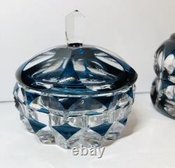 VTG Teal Blue Art Deco Crystal Set Cut To Clear Diffuser Bowl Ring Jar Glass
