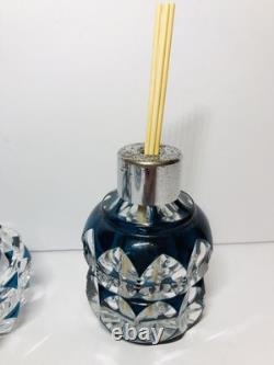VTG Teal Blue Art Deco Crystal Set Cut To Clear Diffuser Bowl Ring Jar Glass