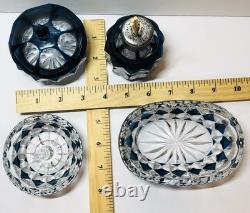VTG Teal Blue Art Deco Crystal Set Cut To Clear Diffuser Bowl Ring Jar Glass