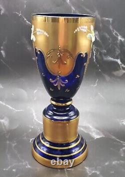 VTG Venetian Bohemian Cobalt Blue Gold Enamel Flowers Art Glass Vase 8