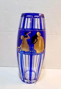 Val St. Lambert Cobalt Blue Gold Crystal Glass Vase Rare Danse De Flore Vtg