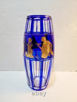 Val St. Lambert Cobalt Blue Gold Crystal Glass Vase Rare Danse De Flore Vtg