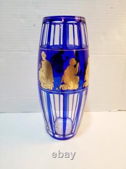 Val St. Lambert Cobalt Blue Gold Crystal Glass Vase Rare Danse De Flore Vtg