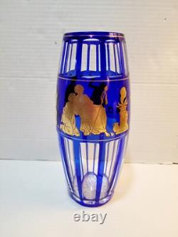 Val St. Lambert Cobalt Blue Gold Crystal Glass Vase Rare Danse De Flore Vtg