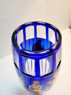 Val St. Lambert Cobalt Blue Gold Crystal Glass Vase Rare Danse De Flore Vtg
