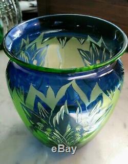 Val St. Lambert blue cut to Vaseline vase