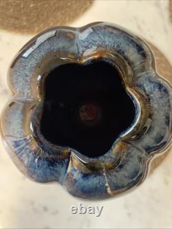 Vase with Blue Flambé Glaze Lobed Art Glass Signed 12.25 By Bill Campbell