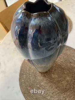 Vase with Blue Flambé Glaze Lobed Art Glass Signed 12.25 By Bill Campbell