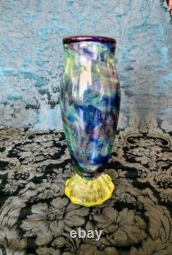 Vaseline Art Glass 12 inch Tall Blue Swirls, Bubbles Gorgeous Whitehurst Vase