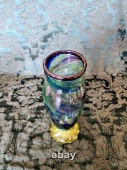 Vaseline Art Glass 12 inch Tall Blue Swirls, Bubbles Gorgeous Whitehurst Vase