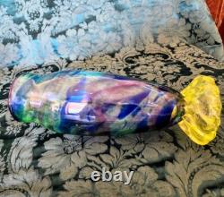 Vaseline Art Glass 12 inch Tall Blue Swirls, Bubbles Gorgeous Whitehurst Vase