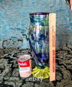Vaseline Art Glass 12 inch Tall Blue Swirls, Bubbles Gorgeous Whitehurst Vase