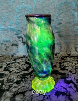 Vaseline Art Glass 12 inch Tall Blue Swirls, Bubbles Gorgeous Whitehurst Vase