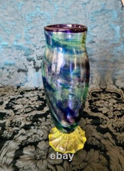 Vaseline Art Glass 12 inch Tall Blue Swirls, Bubbles Gorgeous Whitehurst Vase